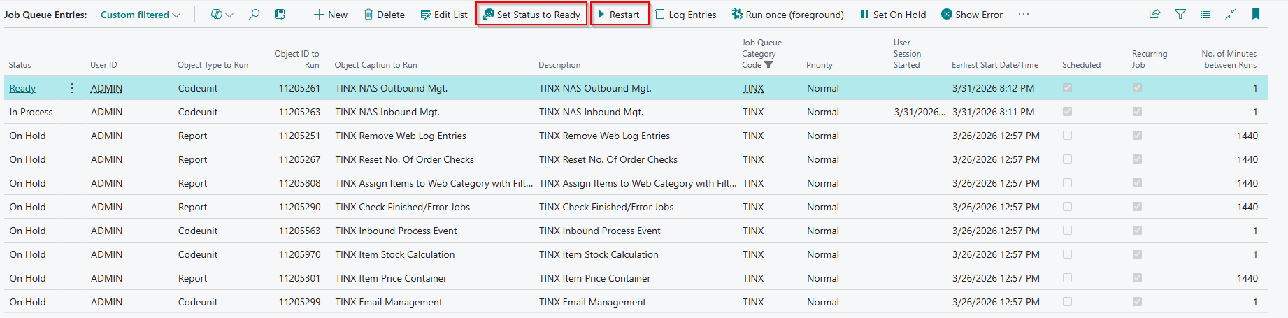 Set Status to Ready or choose Restart to start the job queue over again