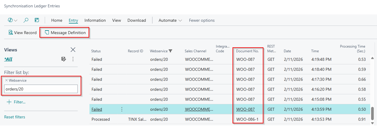 Filter the synchronisation ledger entries to identify your webshop order