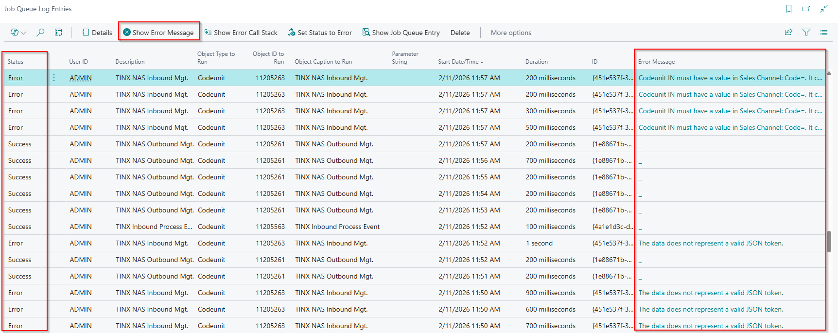 Errors on the Job Queue Log Entries page