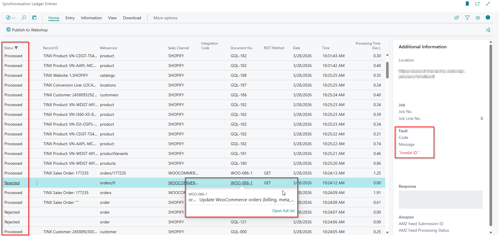 Synchronisation Ledger Entries status