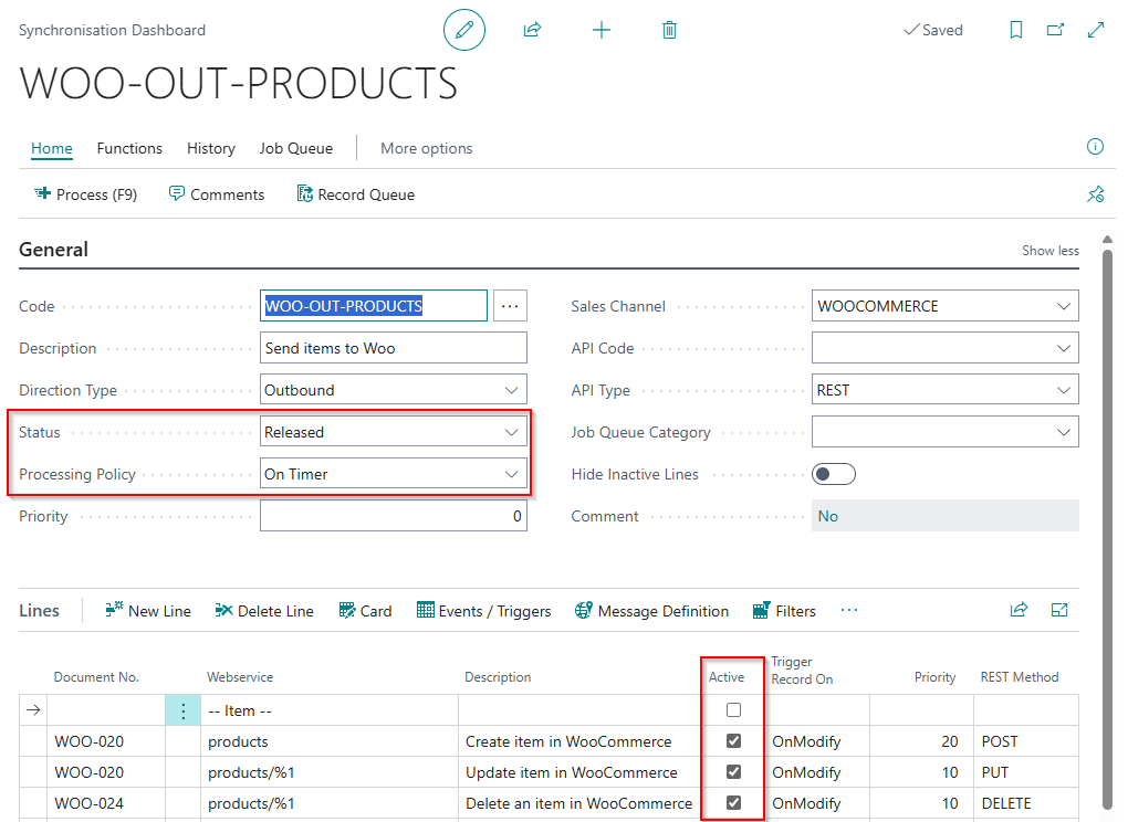 Synchronisation Dashboard page with Status set to Released and Processing Policy set to On Timer
