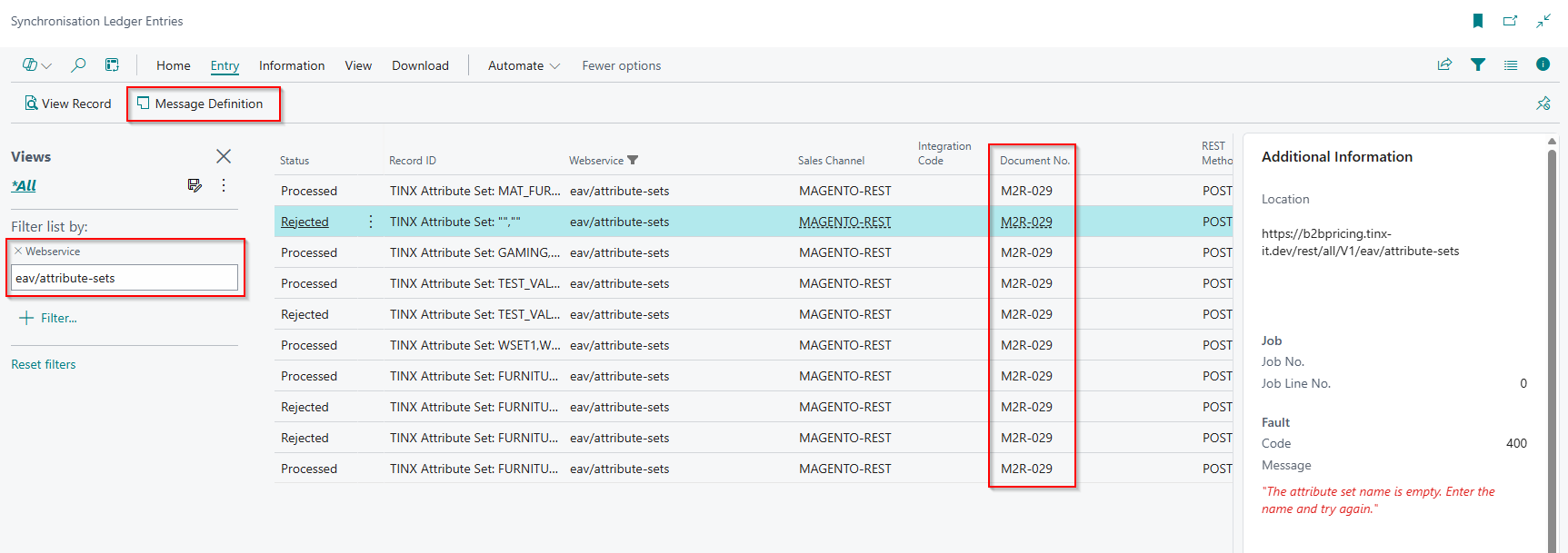 Filter the synchronisation ledger entries to identify your webshop order