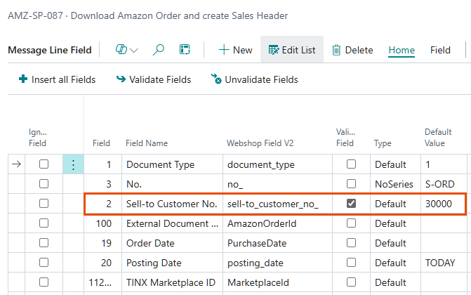 AMZ-SP-087 message line fields with the Sell-to Customer No. field set to the default value 30000
