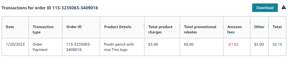 Example order with an Item Price of $5 and shipping of $5