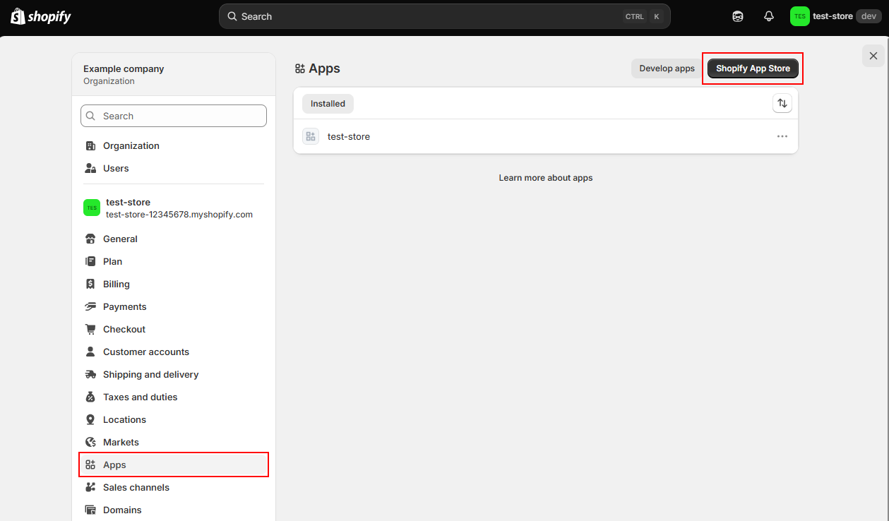 Apps page in Shopify settings with the Shopify App Store button