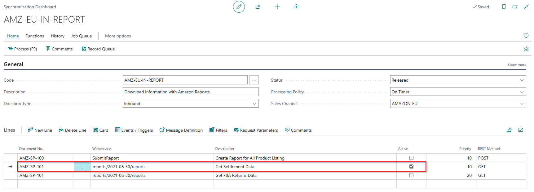 AMZ-EU-IN-REPORT synchronization dashboard with the active AMZ-SP-101 Get Settlement Data line