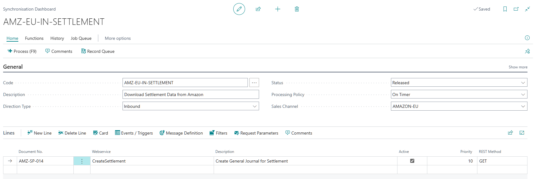 AMZ-EU-IN-SETTLEMENT synchronization dashboard with the active AMZ-SP-014 Create General Journal for Settlement line