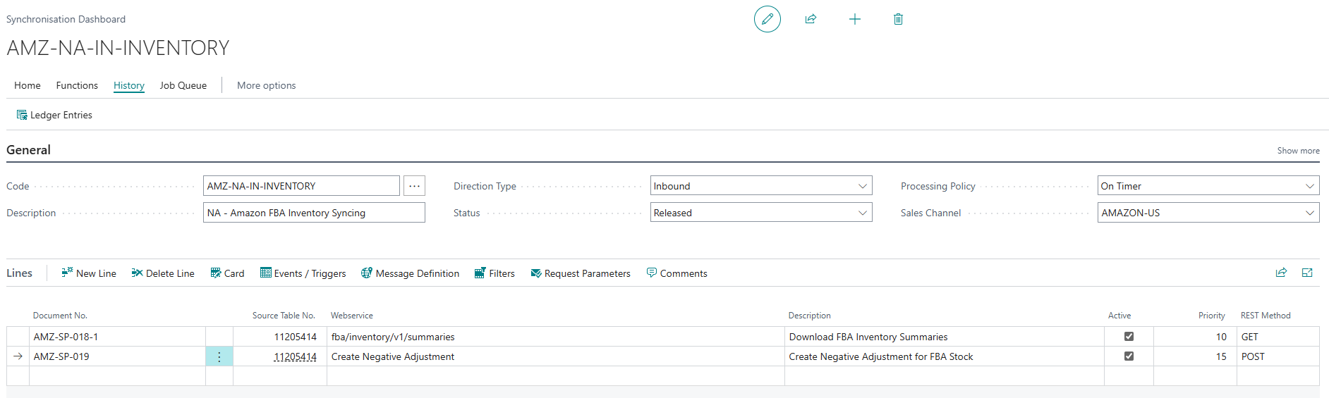 AMZ-NA-IN-INVENTORY synchronization dashboard with the Download FBA Inventory Summaries and Create Negative Adjustment for FBA Stock lines