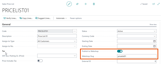 Sales Price List page with the Publish to Webshop toggle turned on and the Webshop Slug field populated