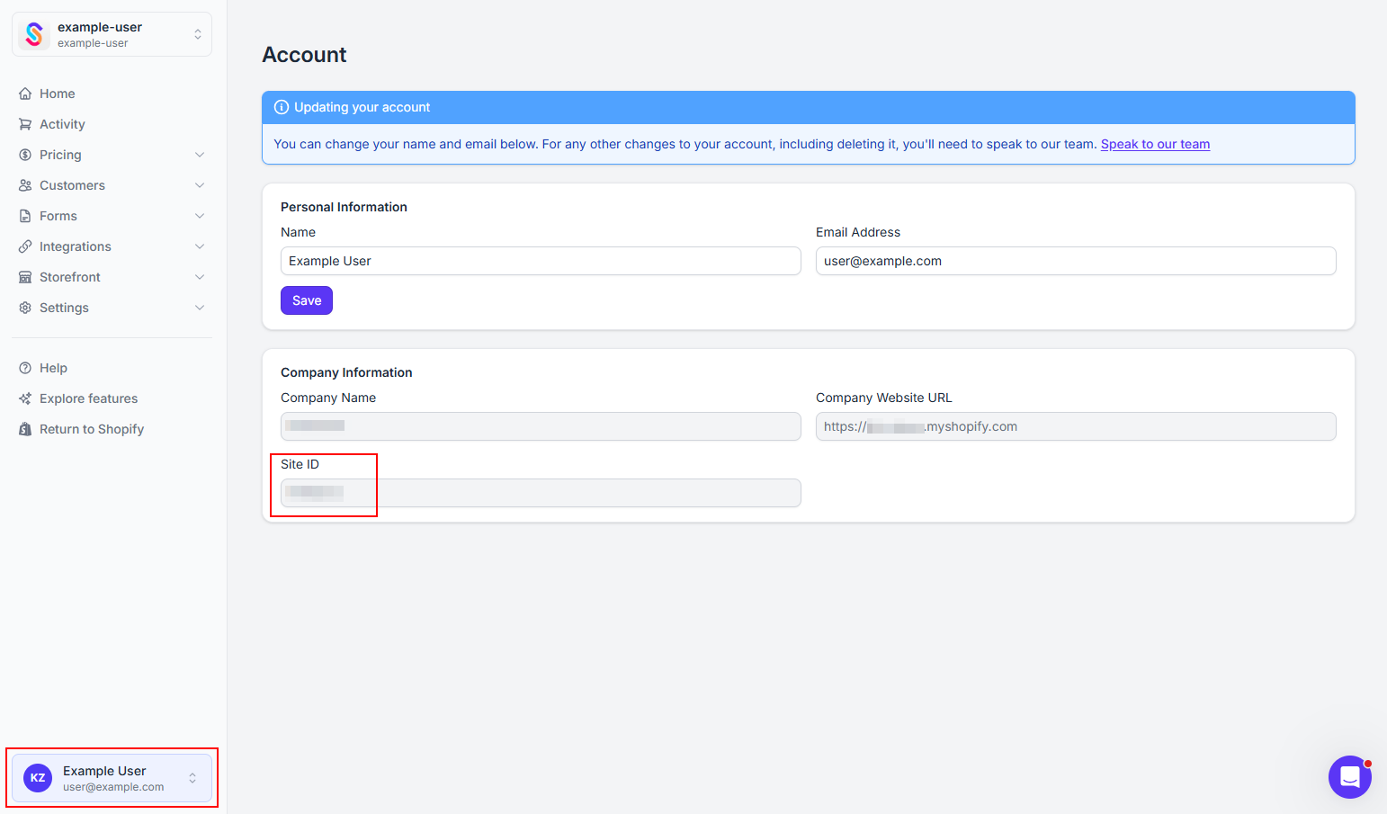 SparkLayer Dashboard Account page with the Site ID field