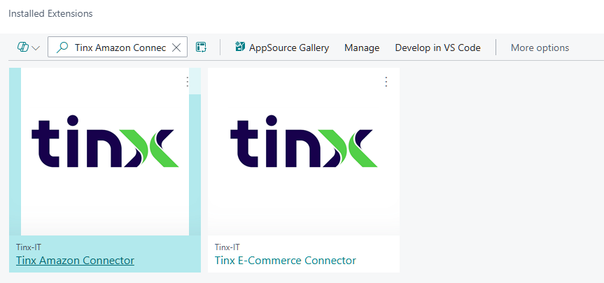 Installed Extensions page with Tinx Amazon Connector and Tinx E-Commerce Connector