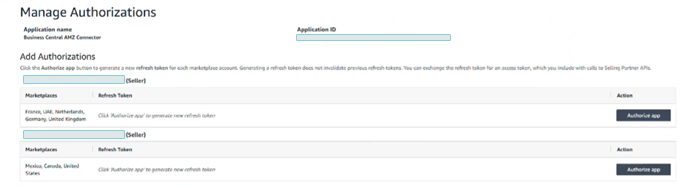 Manage Authorizations page with the Authorize app action for each marketplace group