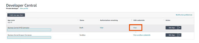 View link in the LWA credentials column on the Developer Central page