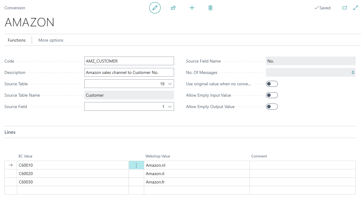 AMZ_CUSTOMER conversion template with Amazon marketplace values in the Webshop Value column
