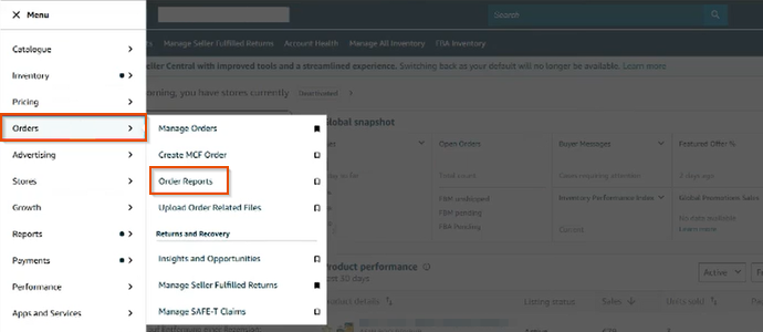 Seller Central menu with Orders and Order Reports selected