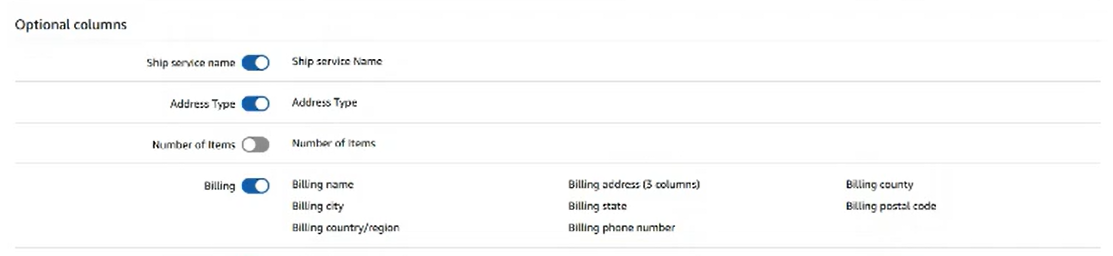 Optional columns section with the Address Type and Billing options turned on