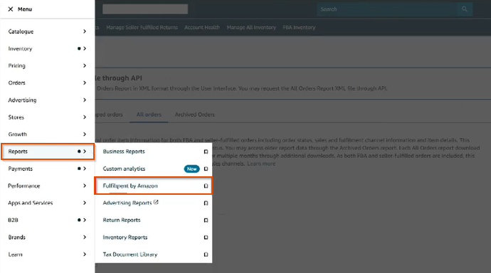 Seller Central menu with Reports and Fulfilment by Amazon selected