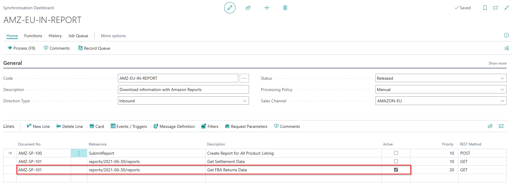 AMZ-EU-IN-REPORT synchronization dashboard with the AMZ-SP-101 Get FBA Returns Data line active
