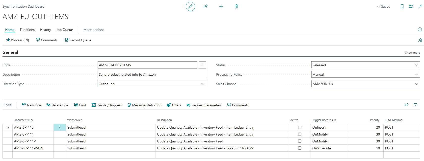 AMZ-EU-OUT-ITEMS synchronization dashboard with the Update Quantity Available inventory feed message definitions