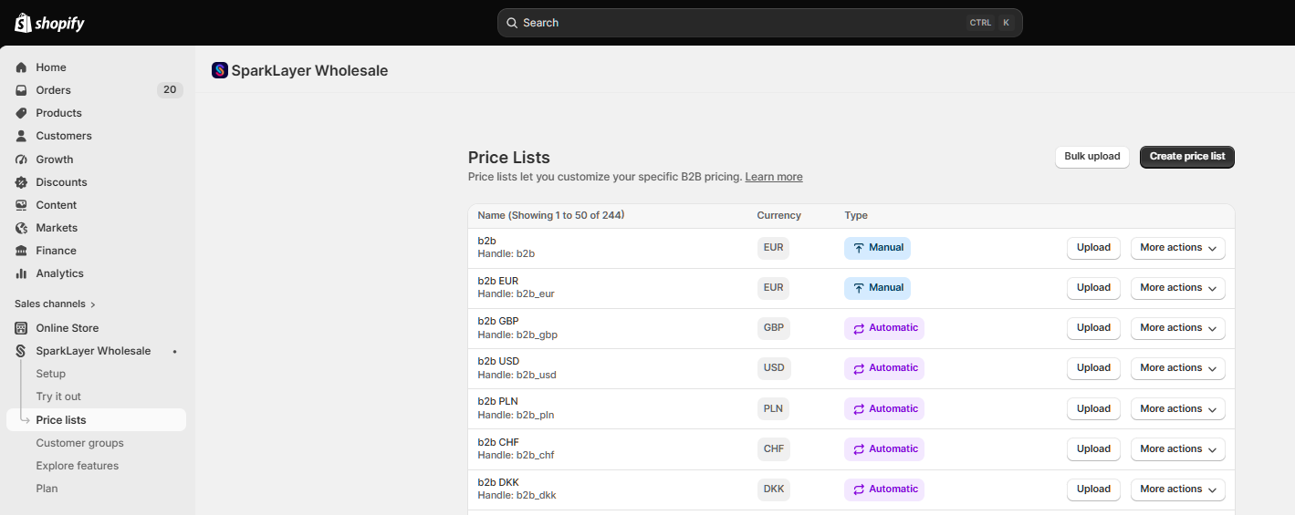 SparkLayer Wholesale Price Lists page in Shopify with price lists in different currencies