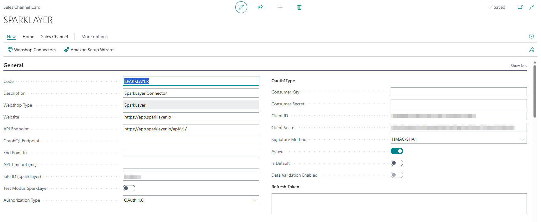 SparkLayer connection setup on the Sales Channel Card page
