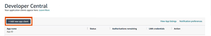Add new app client button on the Developer Central page