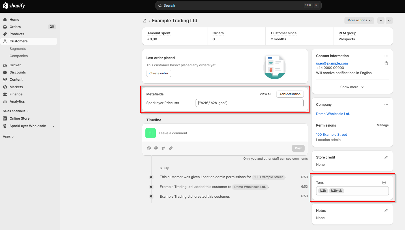 Shopify customer record with the Sparklayer Pricelists metafield and the b2b tags