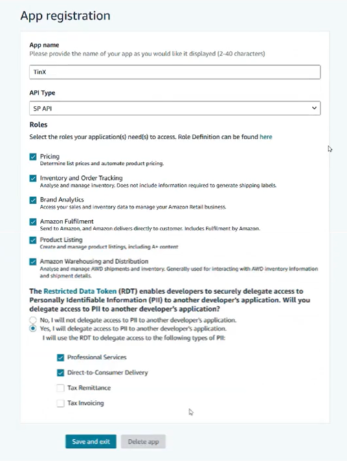 App registration section with the App name, API Type, and Roles fields