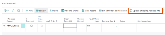 Amazon Orders page with the Upload Shipping Address Info action