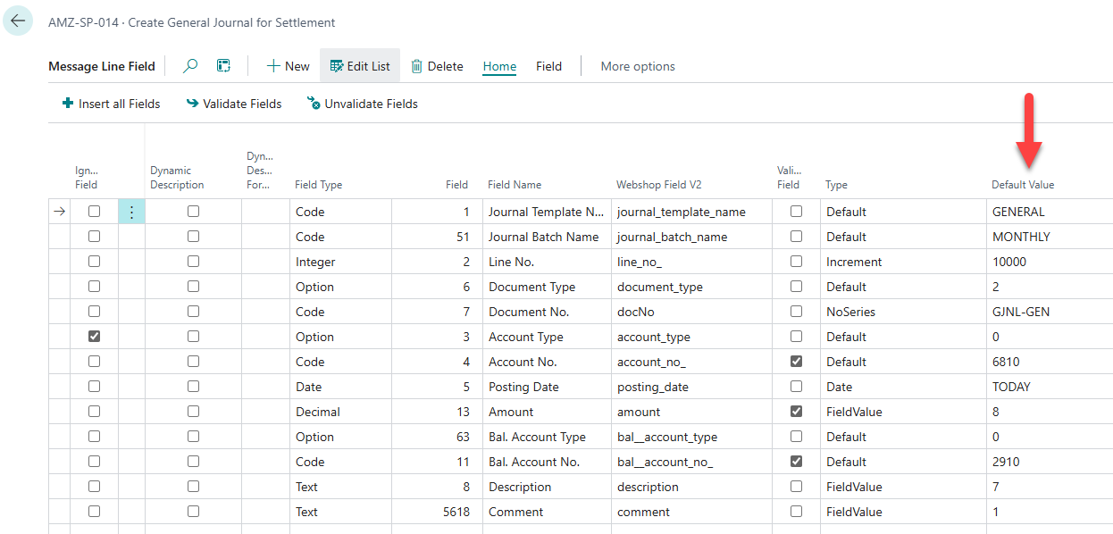 Mapping settings with the Default Value field