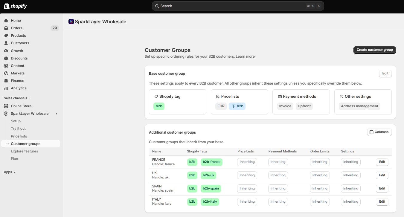 SparkLayer Wholesale Customer Groups page in Shopify with the base customer group and additional customer groups
