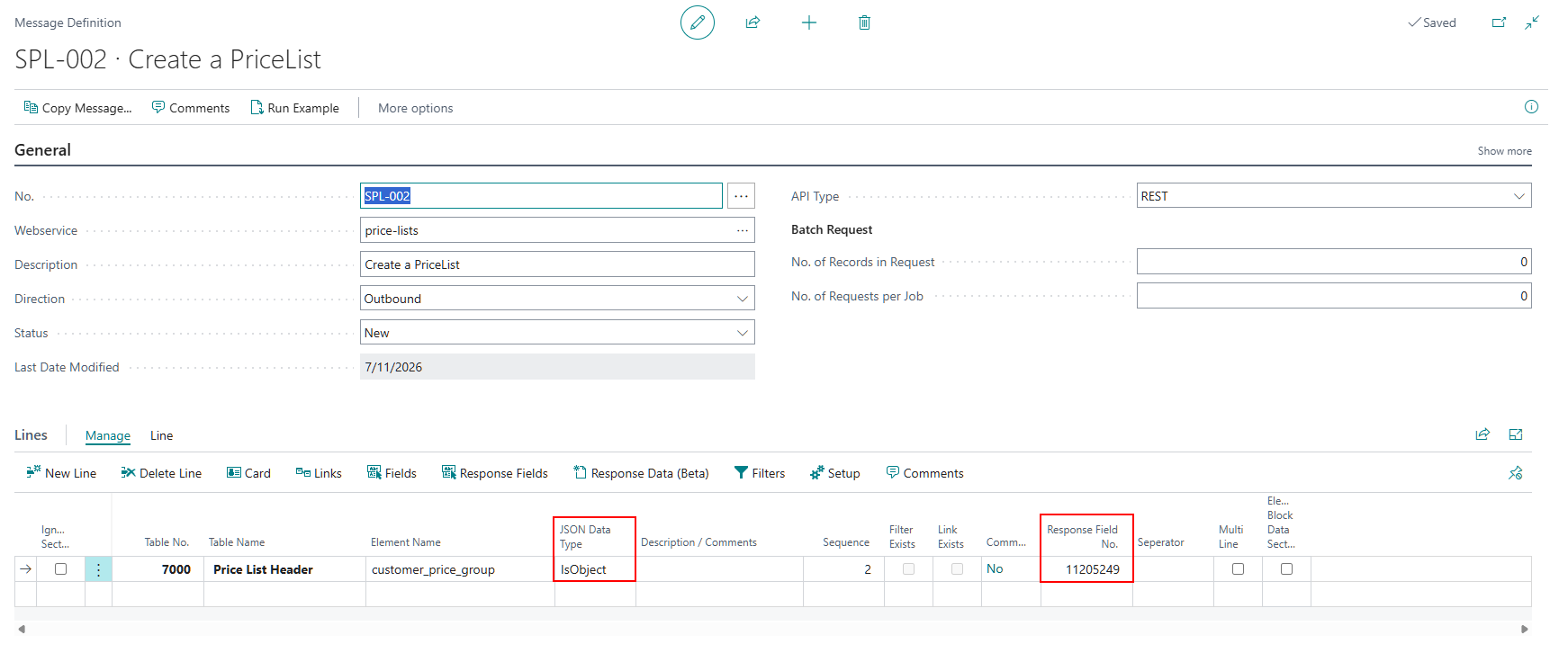 SPL-002 Message Definition page with the JSON Data Type and Response Field No. fields