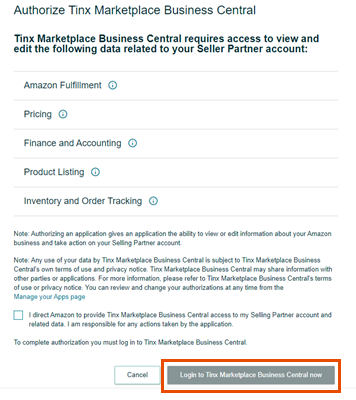 Authorize Tinx Marketplace Business Central page with the Login to Tinx Marketplace Business Central now button