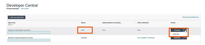 Authorize action for the draft application on the Developer Central page