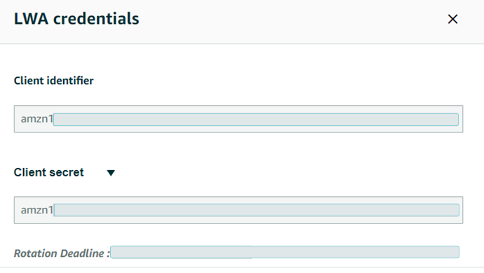 LWA credentials dialog with the client identifier and client secret
