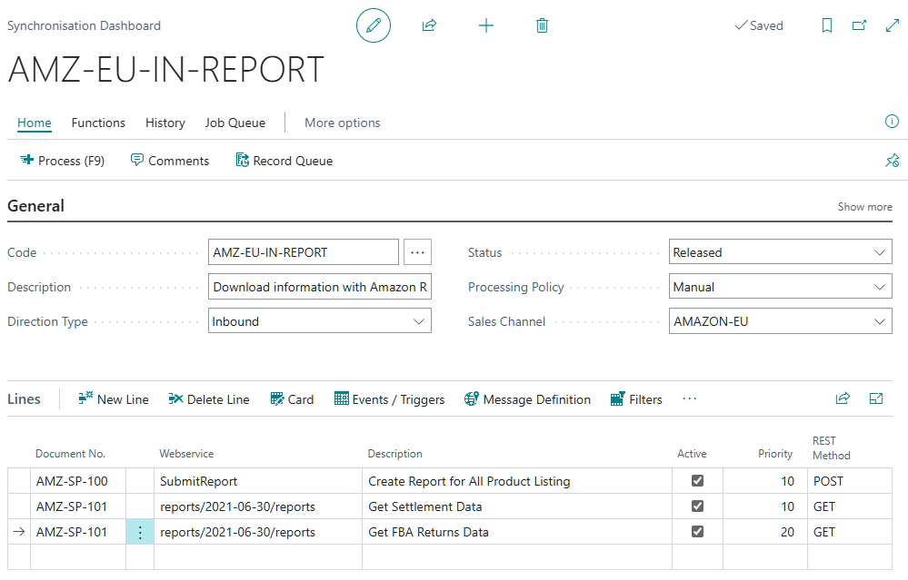 AMZ-EU-IN-REPORT synchronisation dashboard with the message lines for product listing, settlement, and FBA returns data