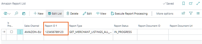 Amazon Report List page with a report ID and the report status IN_PROGRESS