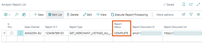 Amazon Report List page with the report status COMPLETE and the report document URL filled in