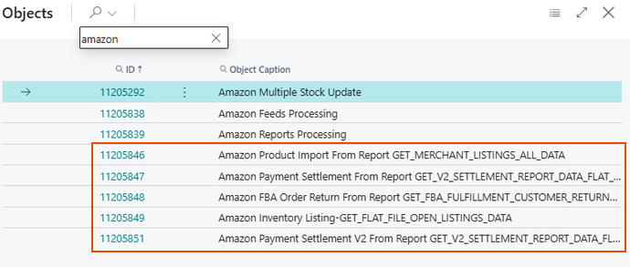 Objects list filtered on amazon with the Tinx reports that process Amazon reports