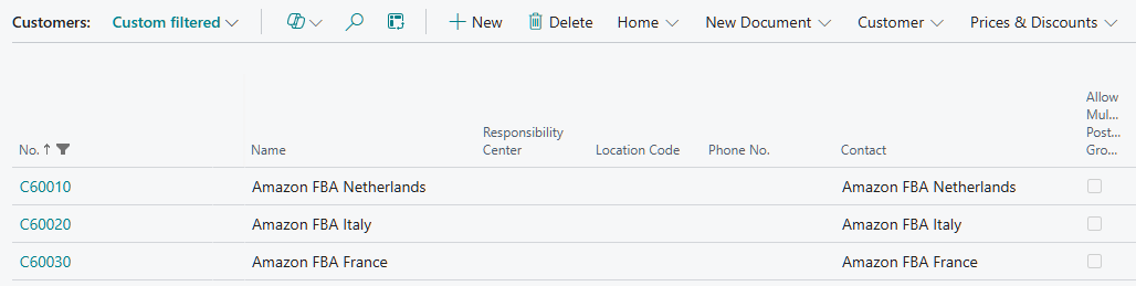 Customers list with three customer cards for Amazon FBA Netherlands, Italy, and France
