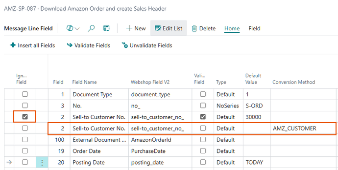 AMZ-SP-087 message line fields with the default Sell-to Customer No. line ignored and a new line that uses the AMZ_CUSTOMER conversion method