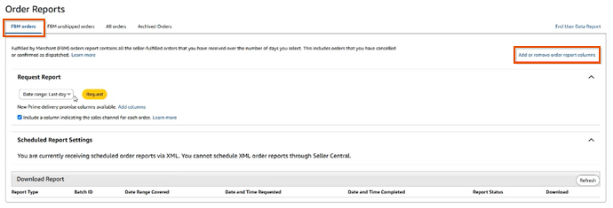 Order Reports page with the FBM orders tab and the Add or remove order report columns link