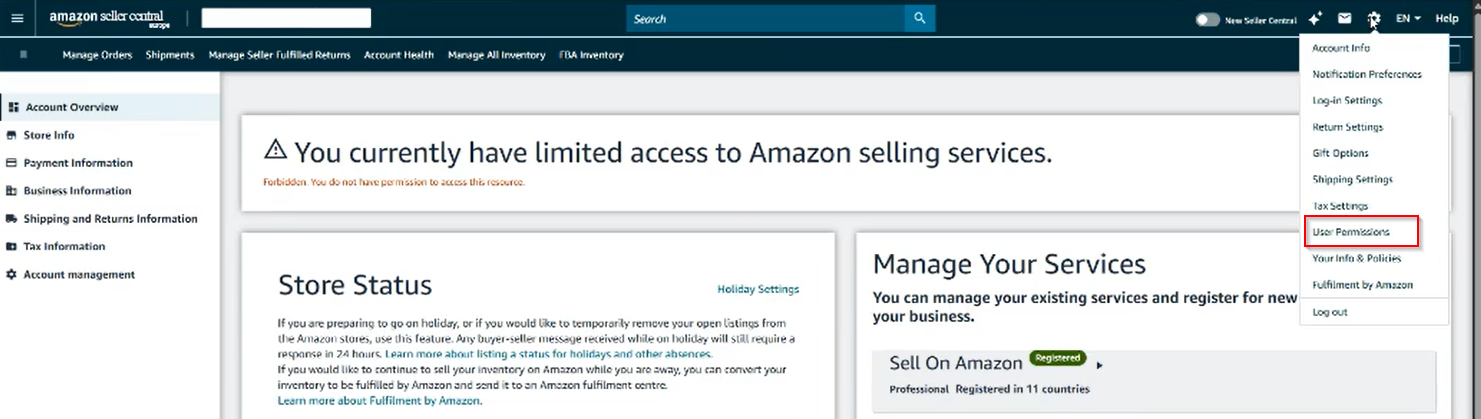 Seller Central Settings menu with User Permissions selected