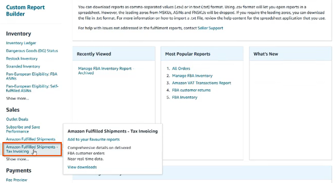 Sales section of the left-side menu with Amazon Fulfilled Shipments - Tax Invoicing selected