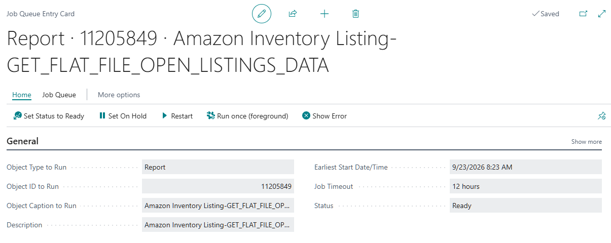 Job Queue Entry Card for report 11205849, Amazon Inventory Listing-GET_FLAT_FILE_OPEN_LISTINGS_DATA, with the status Ready