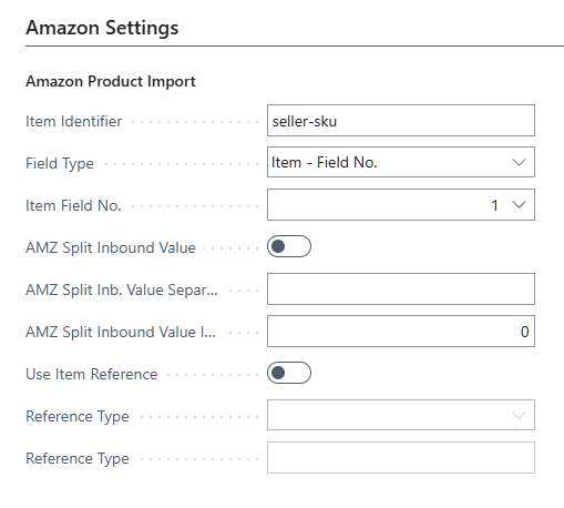 Example setup of the Amazon Product Import section on the Amazon Settings FastTab
