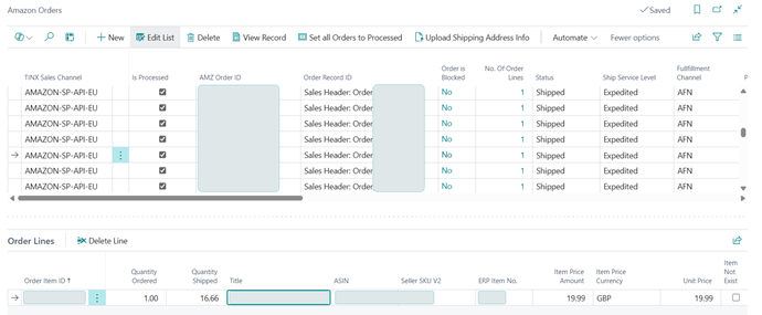Amazon Orders page with imported orders and the Order Lines FastTab