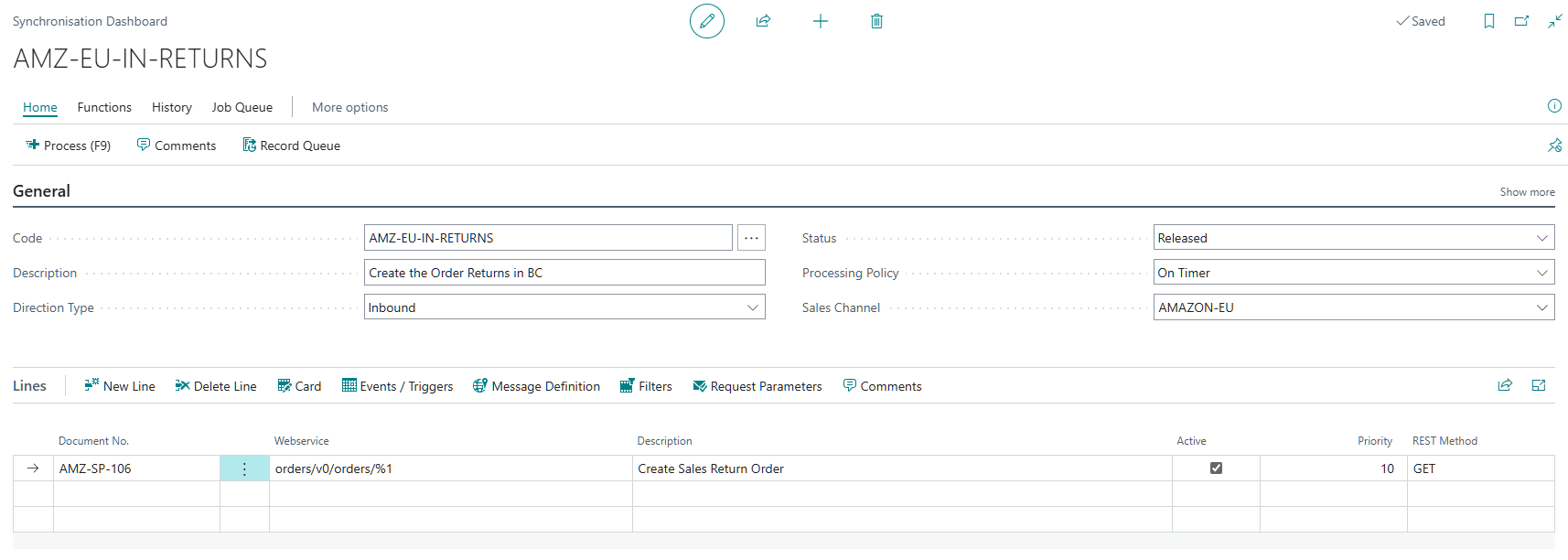 AMZ-EU-IN-RETURNS synchronization dashboard with the AMZ-SP-106 line active