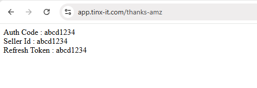 Page with the Auth Code, Seller Id, and Refresh Token values