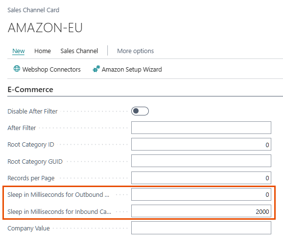 Sleep in Milliseconds fields on the Sales Channel Card page